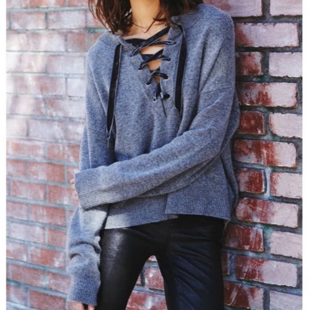 Rails Olivia Indigo Melange Cashmere Wool Blend Lace Up Long Sleeve‎ Sweater